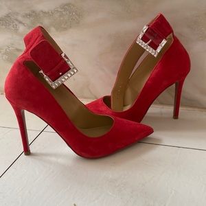 Michael Kors red suede pump with rhinestone buckle ankle strap.